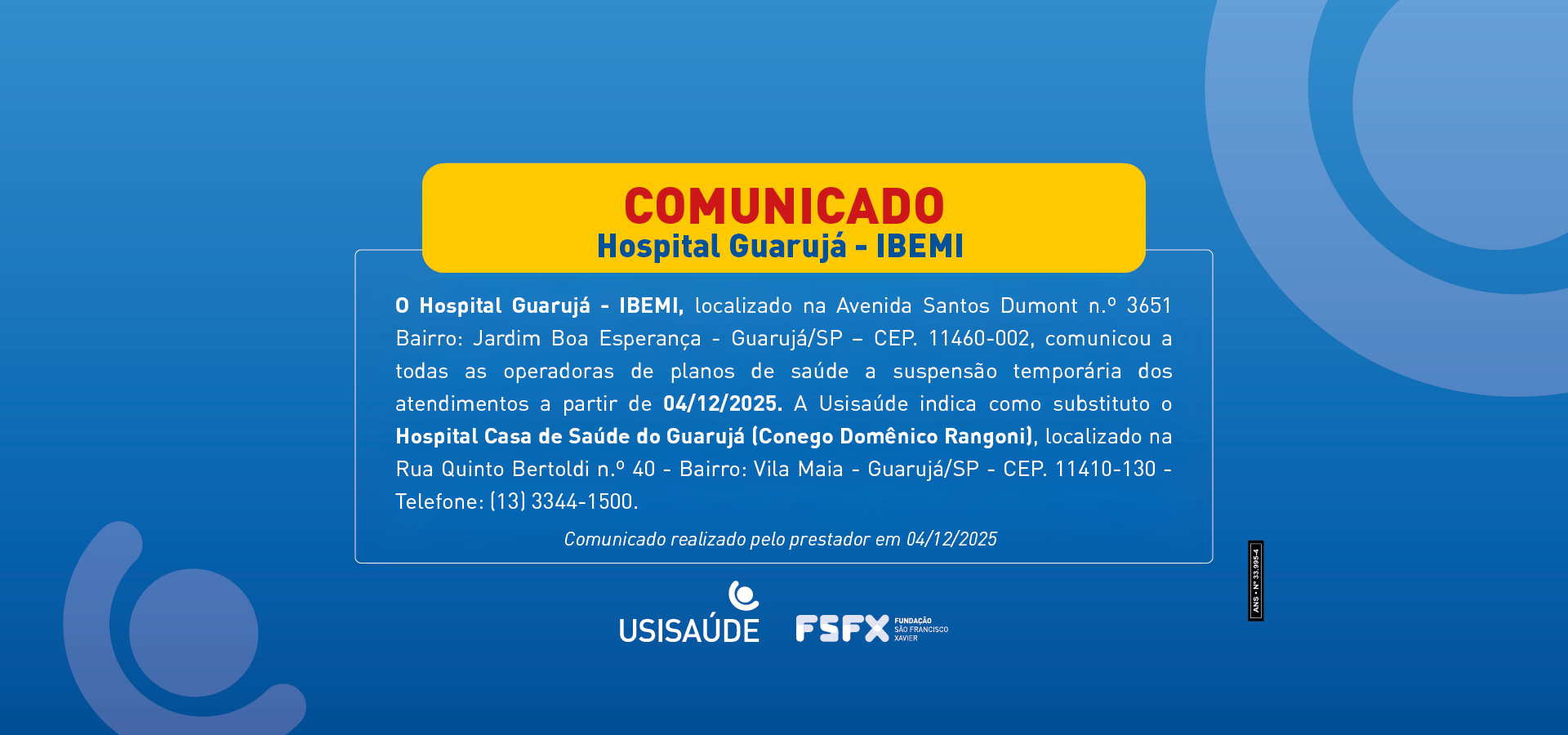 BANNER_SITE_USISAUDE_COMUNICADO Hospital Guarujá IBEMI