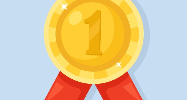 Gold medal with red ribbon for first place. Trophy, winner award isolated on background. Golden badge icon. Sport, business achievement, victory concept. Vector illustration. Flat style design